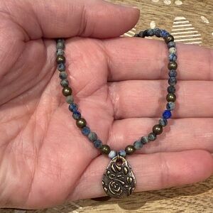 New Beaded Blue Sodalite Necklace With Floral Copper Teardrop Tierracast Charm
